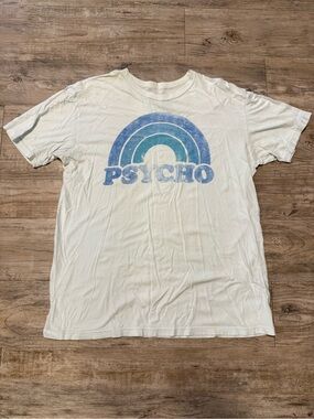 Light Blue Graphic Tee with Blue Retro Rainbow Psycho Print